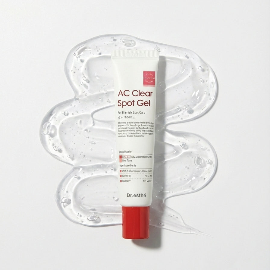 Tube of AC Clear Spot Gel on a white background with gel application