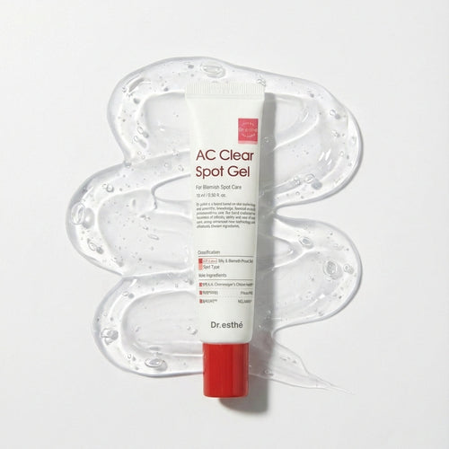 Tube of AC Clear Spot Gel on a white background with gel application