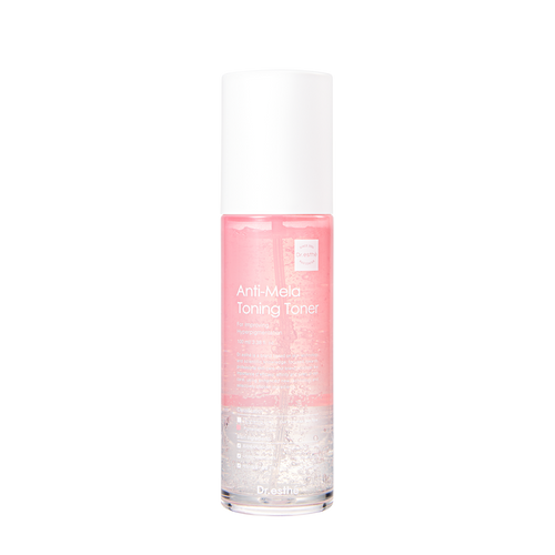 A clear bottle containing a pink-toned jelly textured toner, with a white pump dispenser.