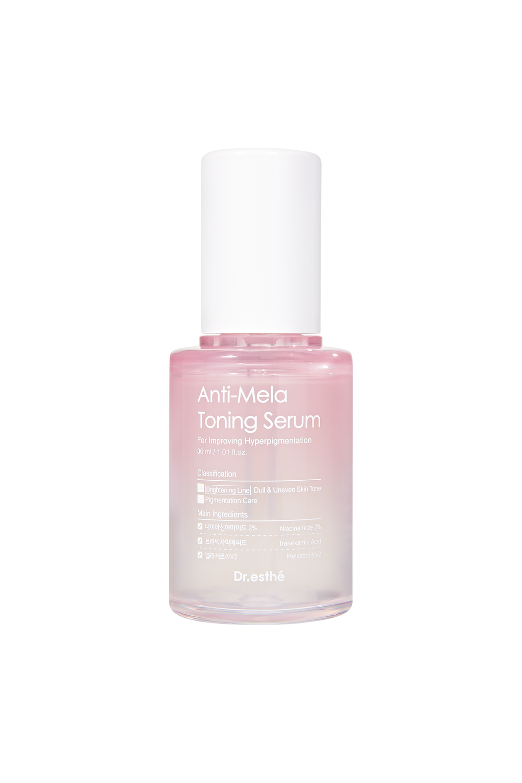 A bottle of Anti-Mela Toing Serum with a pink label and clear liquid visible inside.