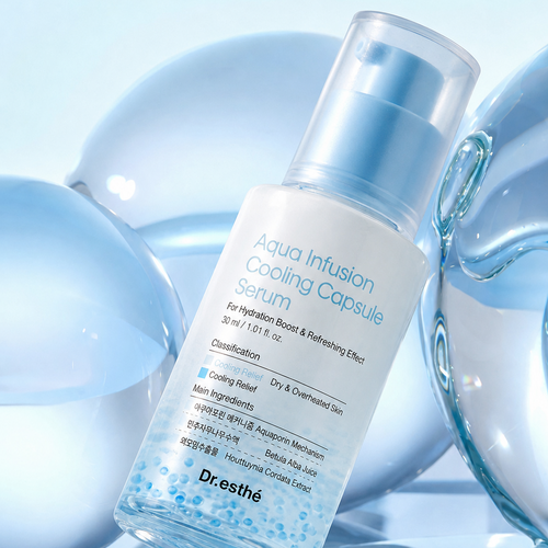 Dr. esthé Aqua Infusion Cooling Capsule Serum in a clear pump bottle with a white label and blue text, styled with translucent blue glass spheres on a light blue reflective surface.