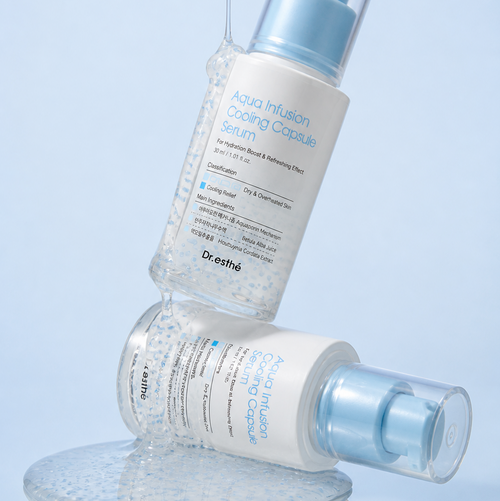 Two bottles of Dr. Esthé Aqua Infusion Cooling Serum with a clear cap and light blue pump, arranged on a reflective surface with a light blue background.