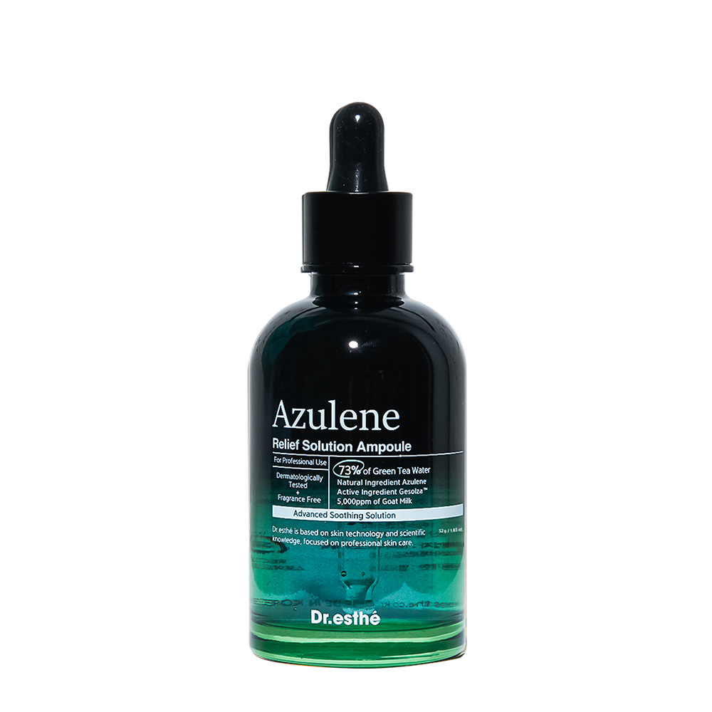 A bottle of Azulene Relief Ampoule with a dropper, primarily dark green in color with white and lighter green text detailing the product information.
