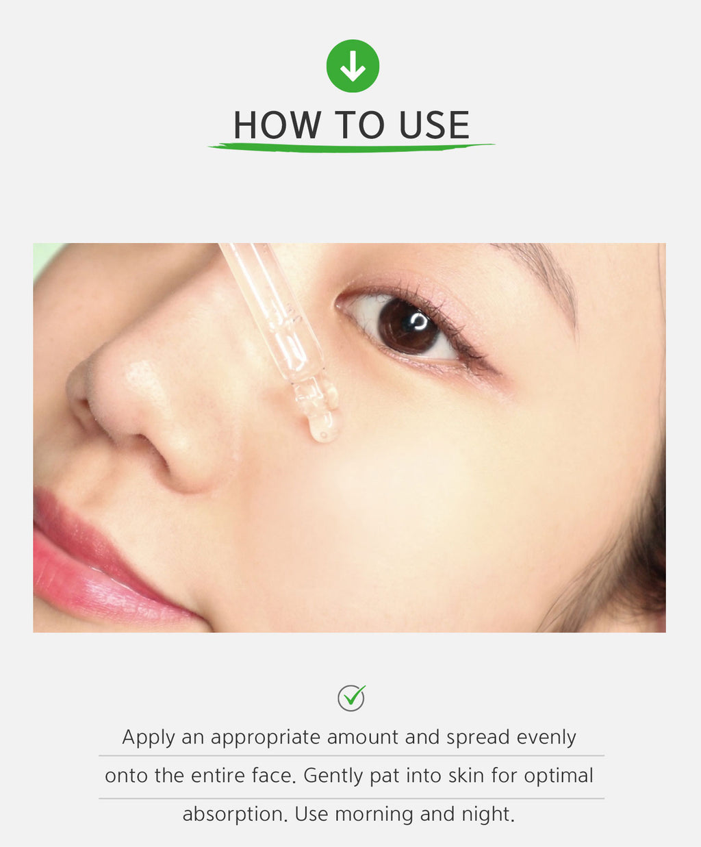 Instructions on how to use a skincare product with a close-up of a person's face.