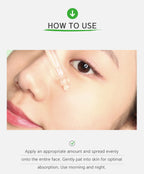 Instructions on how to use a skincare product with a close-up of a person's face.