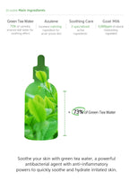 Green tea water dropper with text detailing its ingredients and benefits on a white background