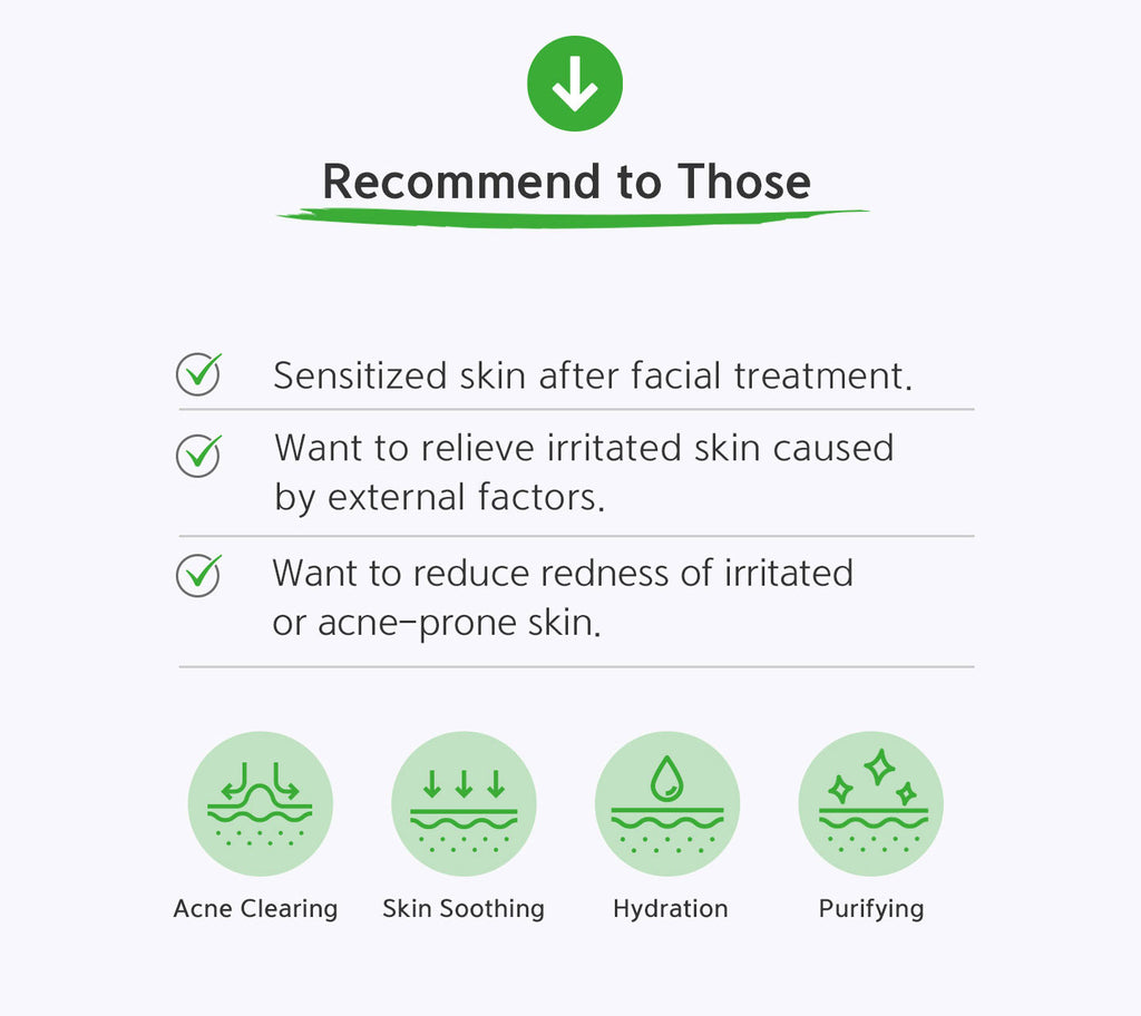 Product recommendation text for sensitized skin after facial treatment with icons and text on a white background.