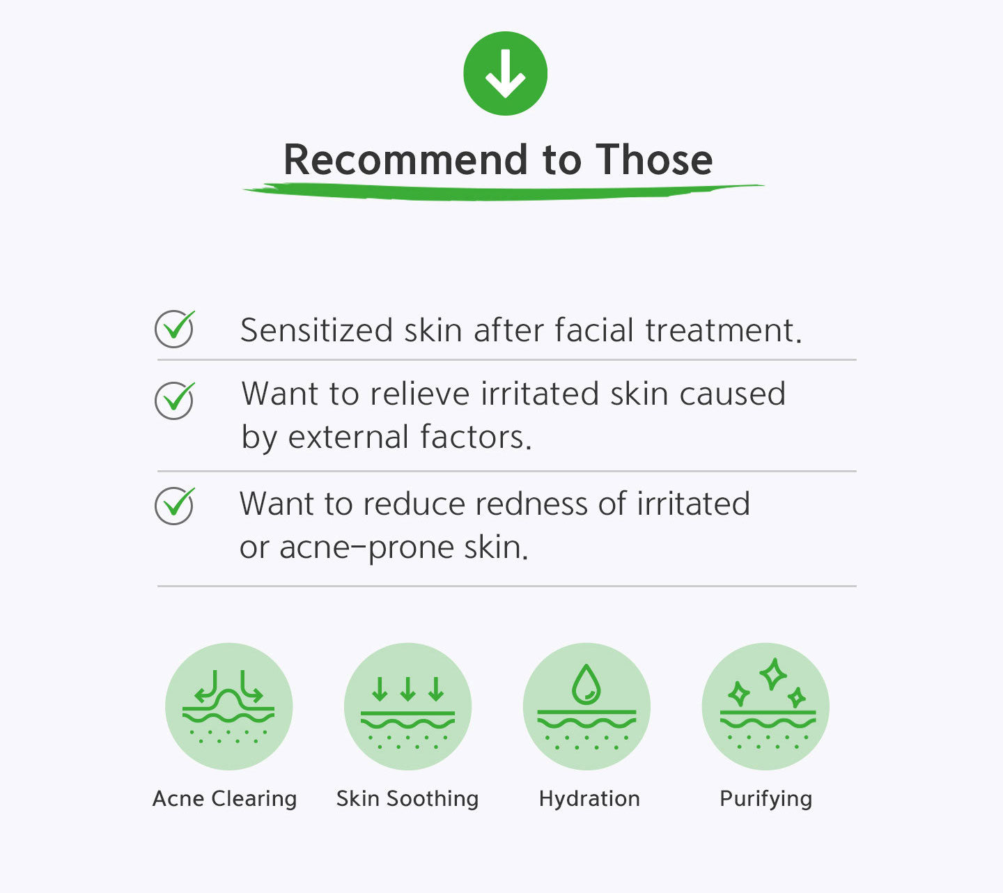 Product recommendation text for sensitized skin after facial treatment with icons and text on a white background.
