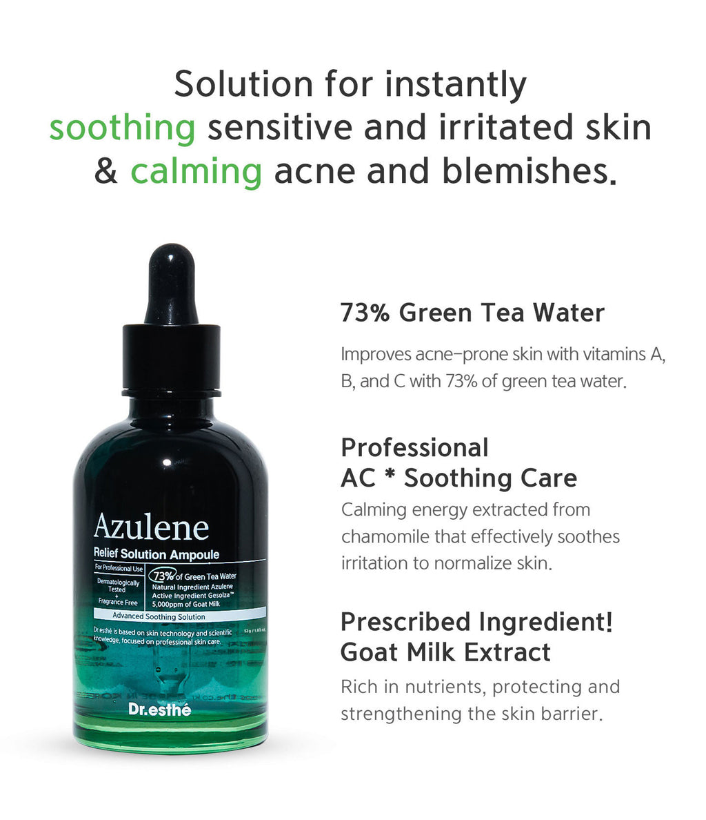 Dr. Esthe Azulene Relief Solution Ampoule bottle with product details on a white background