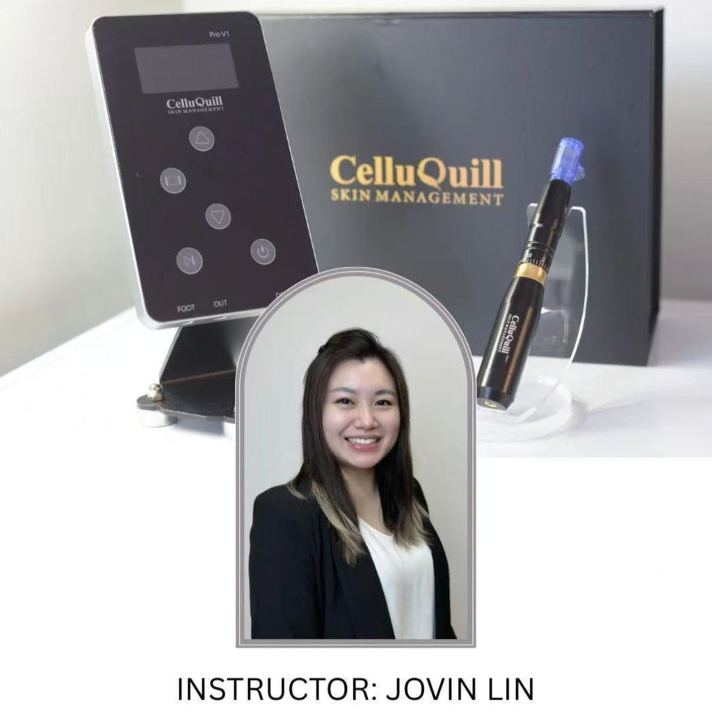 Advertisement for CelluQuill microneedling class with product display and instructor photo.