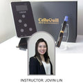 Advertisement for CelluQuill microneedling class with product display and instructor photo.