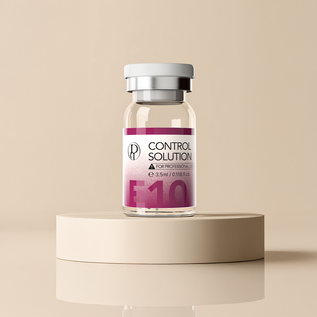 Dermabell Vial labeled 'Control Solution' on a beige background