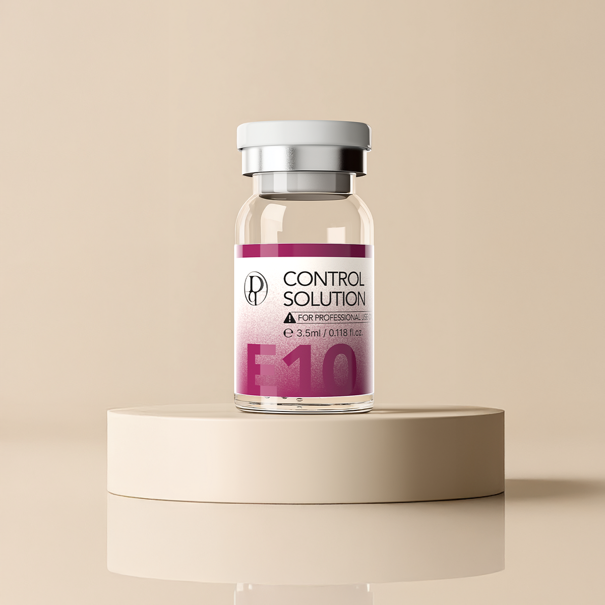 Dermabell Vial labeled 'Control Solution' on a beige background
