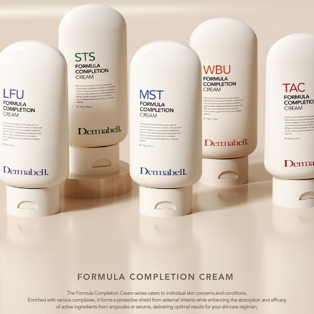 Row of Dermabell Formula Completion Cream bottles on a light background