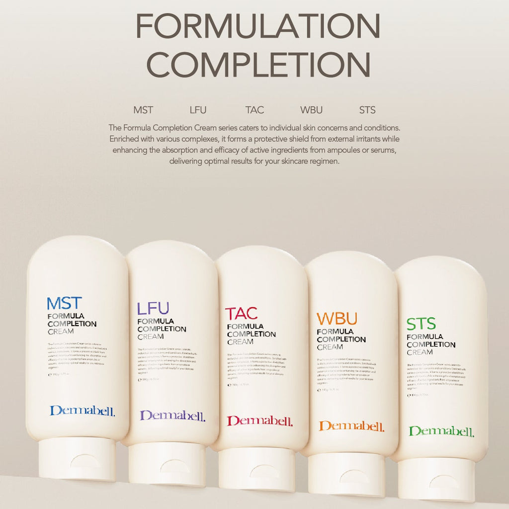 Five Dermabell cream bottles with labels on a light gray background