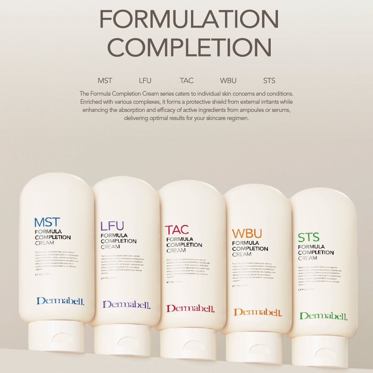 Five Dermabell cream bottles with labels on a light gray background