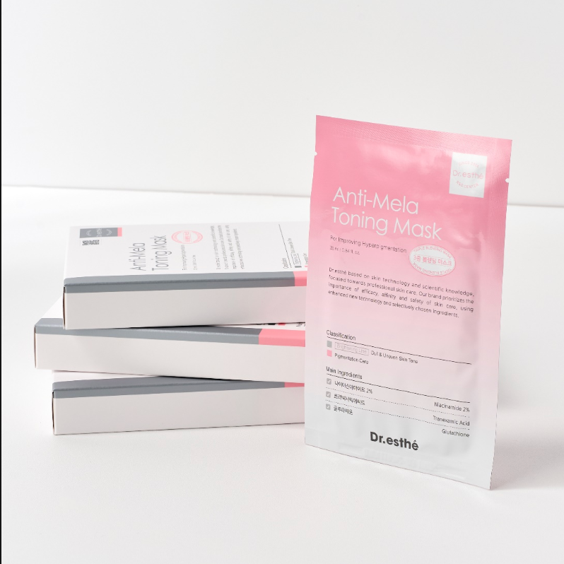 Pink 'Anti-Mela Toning Mask' packaging by Dr. Esthe on a white background