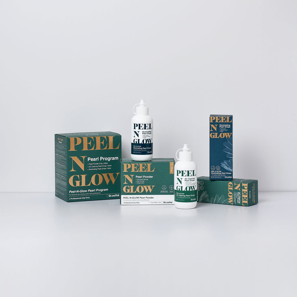 PEEL N GLOW skincare products including boxes and bottles on a white background