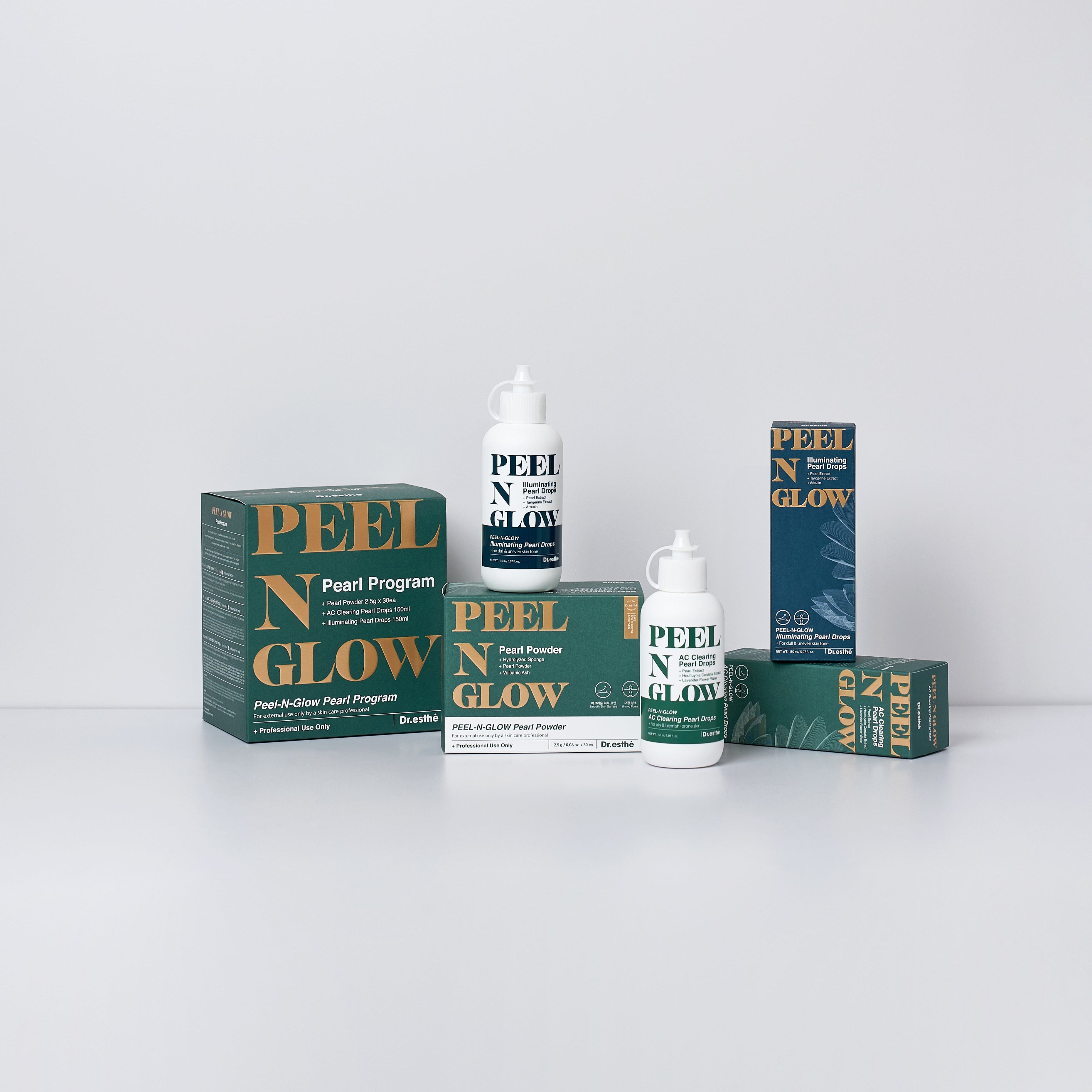 PEEL N GLOW skincare products including boxes and bottles on a white background