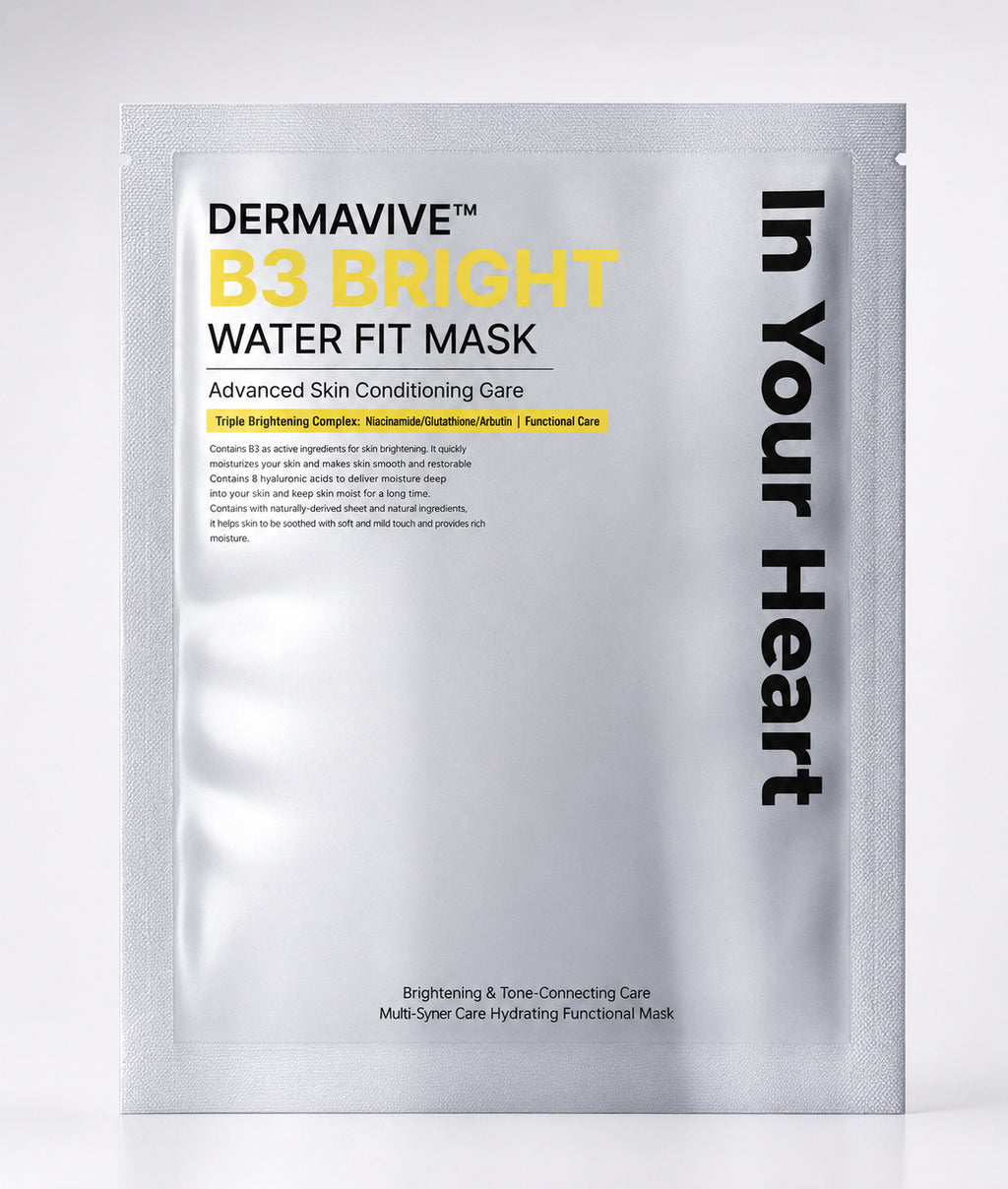 A single packet of In Your Heart DermaVive B3 Bright Water Fit Mask, featuring a metallic silver foil packaging with black and yellow text, set against a clean white background.