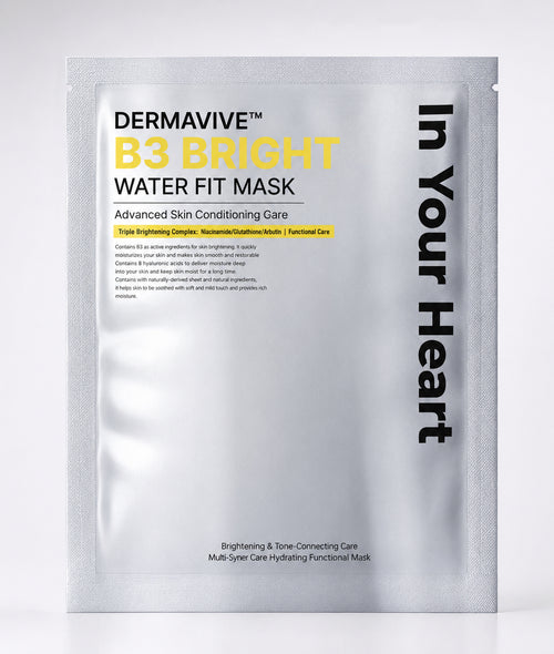 A single packet of In Your Heart DermaVive B3 Bright Water Fit Mask, featuring a metallic silver foil packaging with black and yellow text, set against a clean white background.