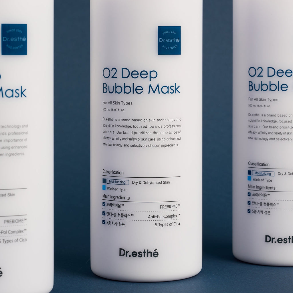 Three bottles of Dr. Esthe O2 Deep Bubble Mask on a blue background
