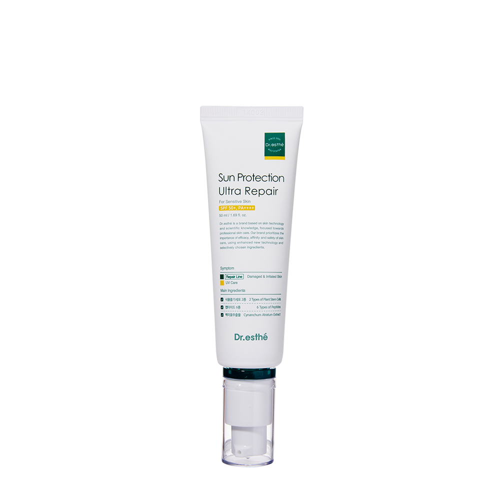 Sun Protection Ultra Repair Sunscreen Lotion SPF 50+ PA++++ in a white pump bottle with green and white labeling.