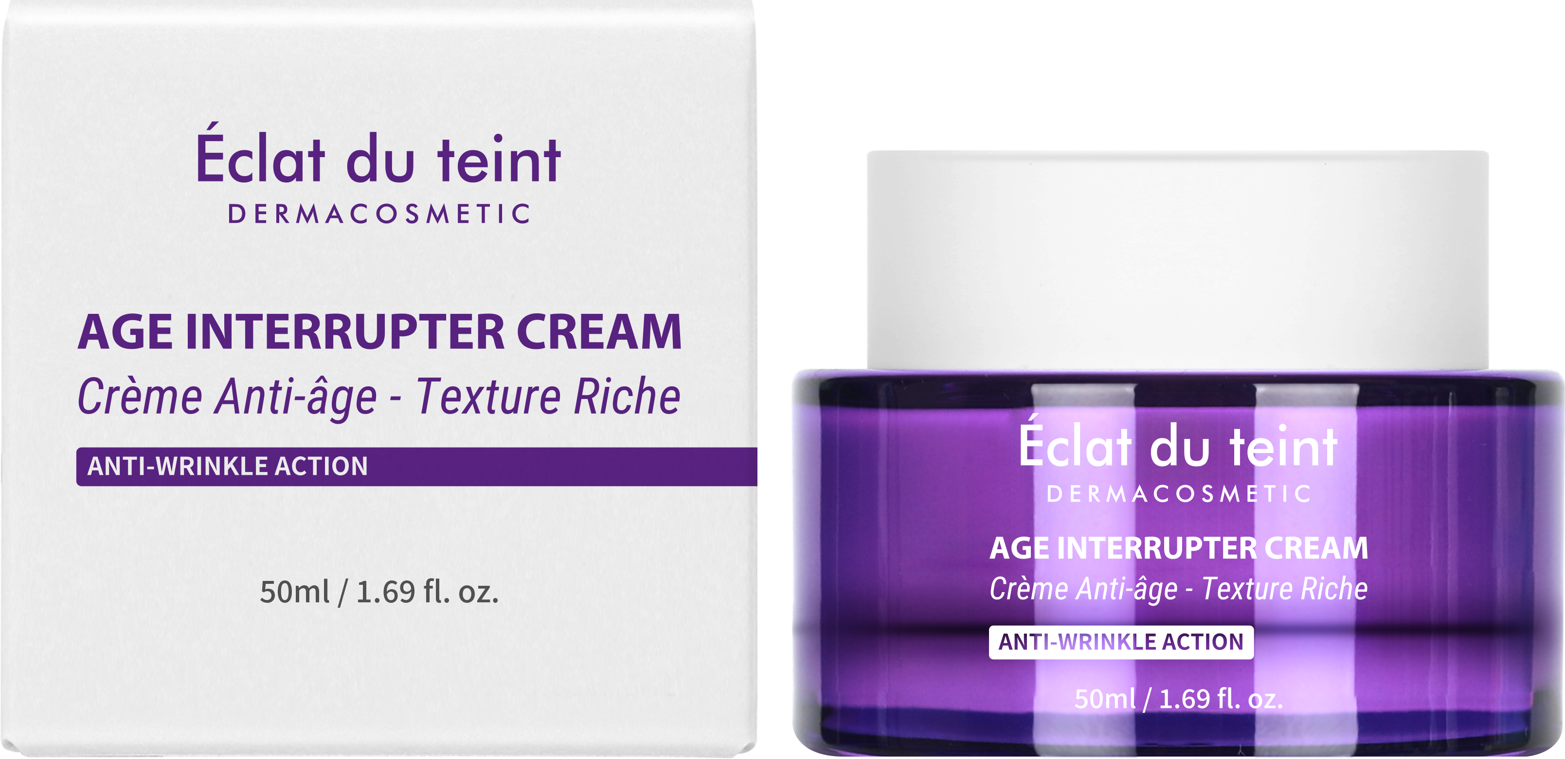 Éclat du teint Dermacosmetic Age Interrupter Cream packaging with purple jar and white box.